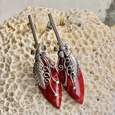 ER 15095 CR-(HANDMADE 925 BALI STERLING SILVER EARRINGS WITH CORAL)